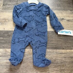 Carter’s Preemie Baby Sleeper Footie Shark Print Blue Zip Pajamas NWT